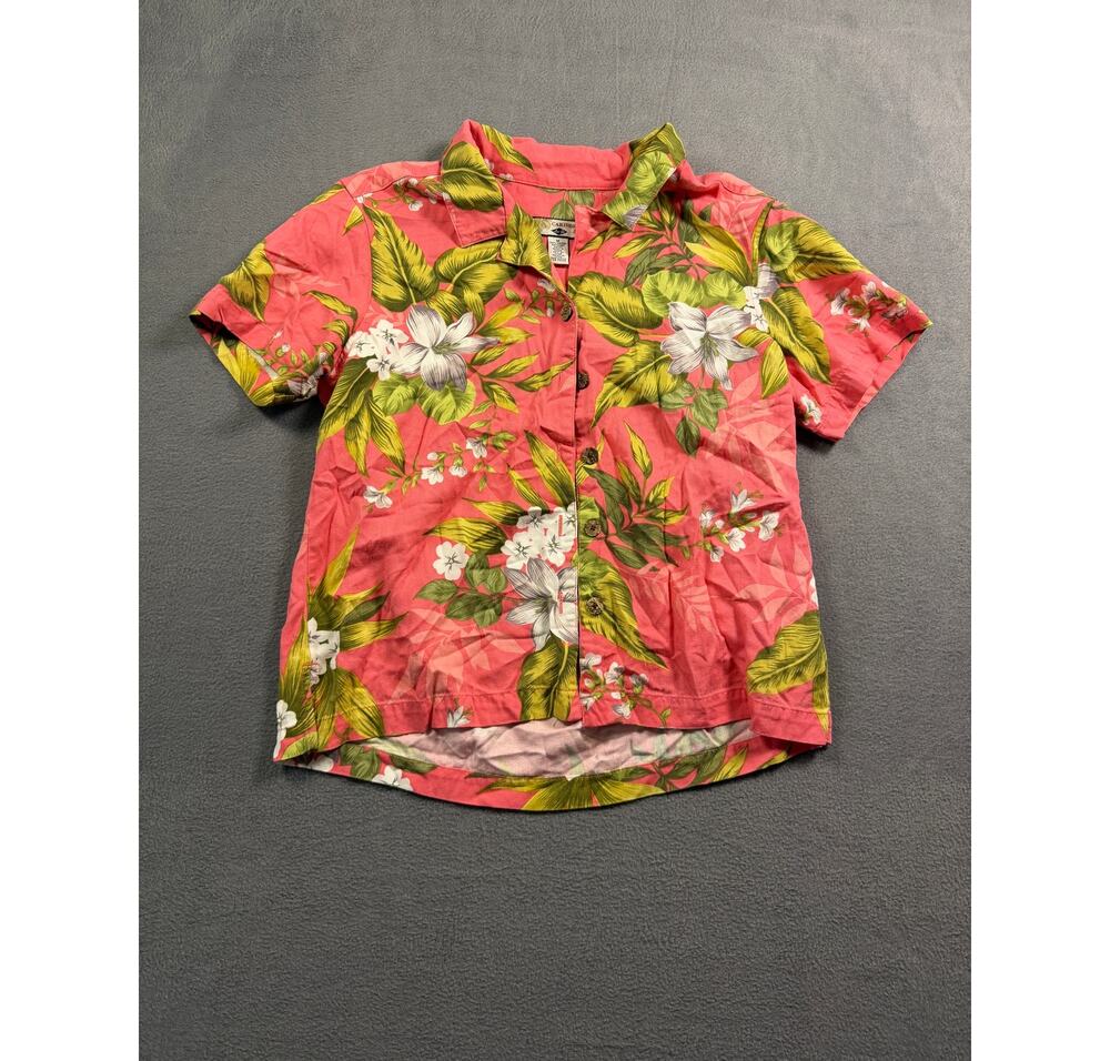 Caribbean Joe Womens Medium Pink Hawaiian Floral Shirt Hibiscus Tropical Button